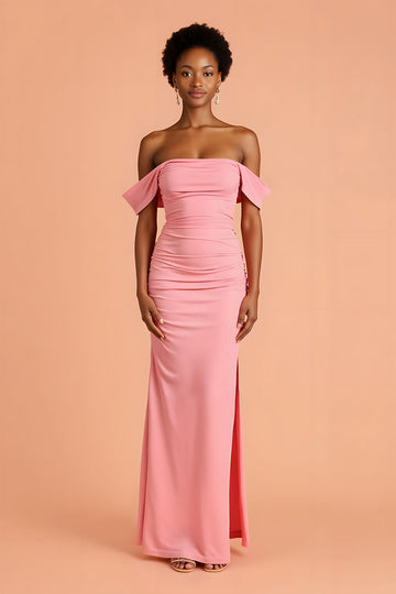 Rosa Slida Från Axeln Lång Brudtärna Klänning Med Slits